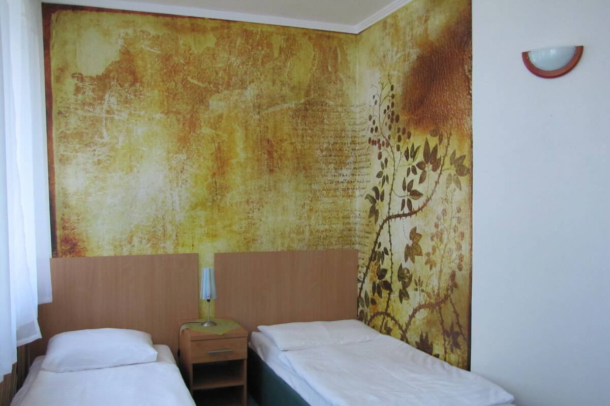 A hotel room with two single beds, a wooden headboard, a small bedside table with a lamp, and a wall with a floral pattern.