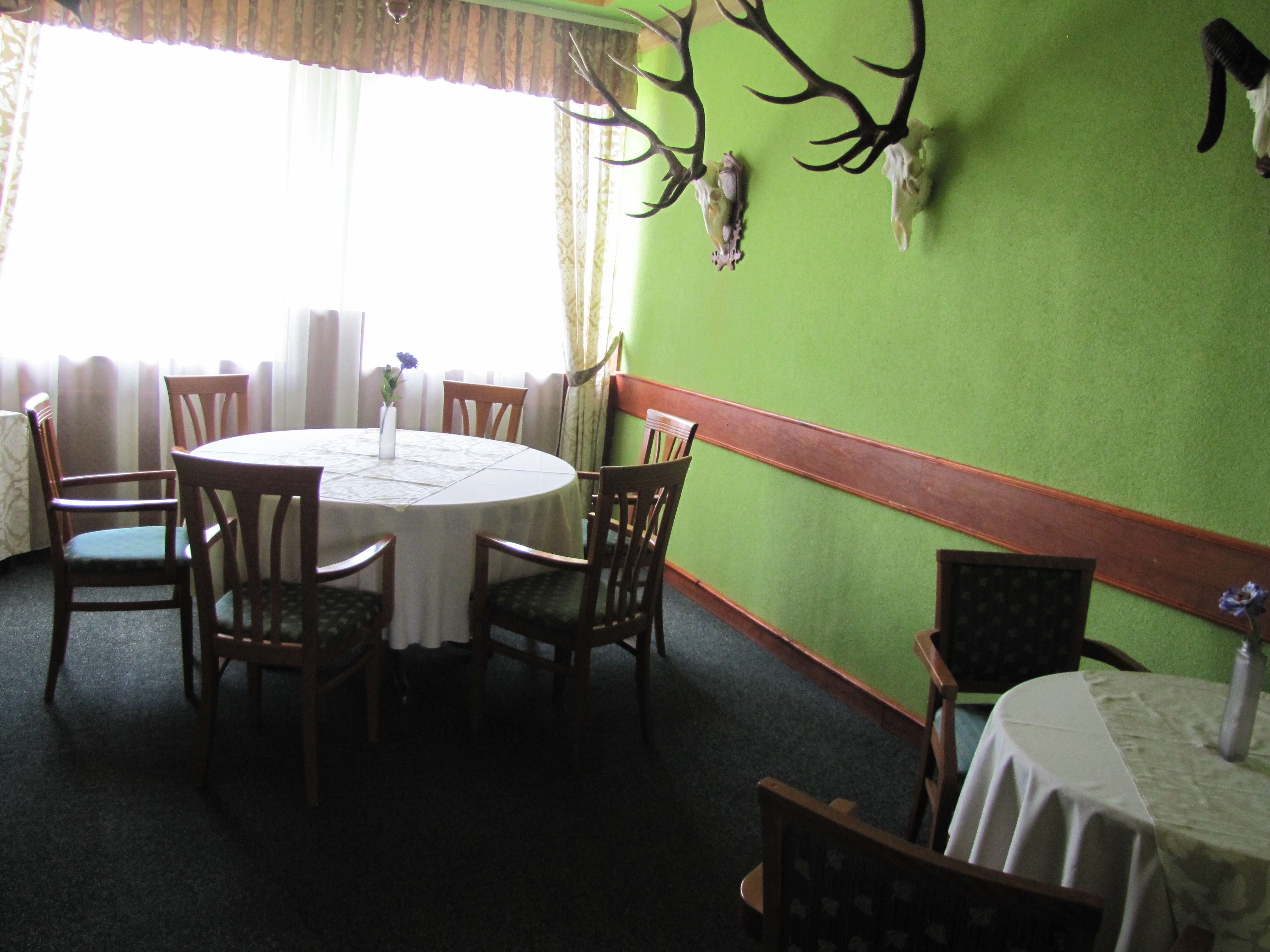 A dining area with a round table, chairs, and a green wall with antler decorations.