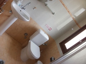 Un baño con inodoro, lavabo y ducha.