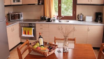 Apartment | Private kitchen | Full-sized fridge, microwave, oven, stovetop