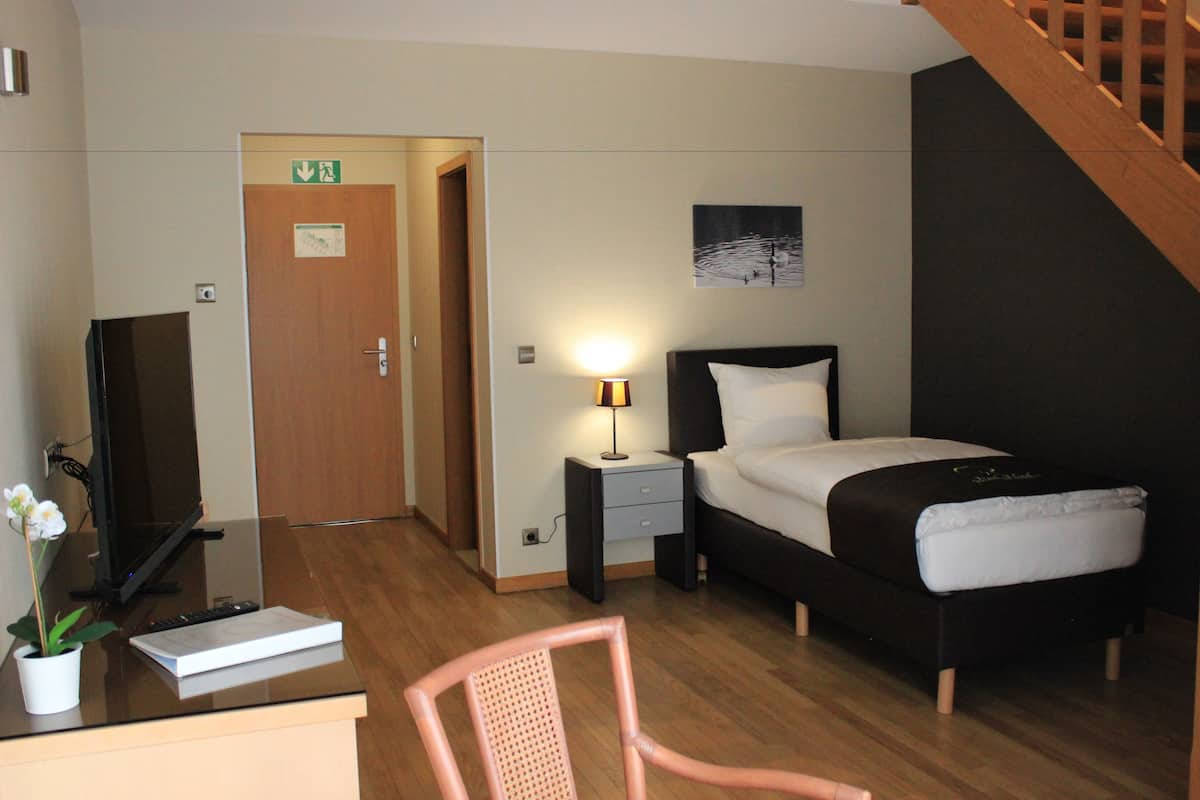 A hotel room with a bed, bedside table, lamp, TV, and a desk with a chair and a plant.