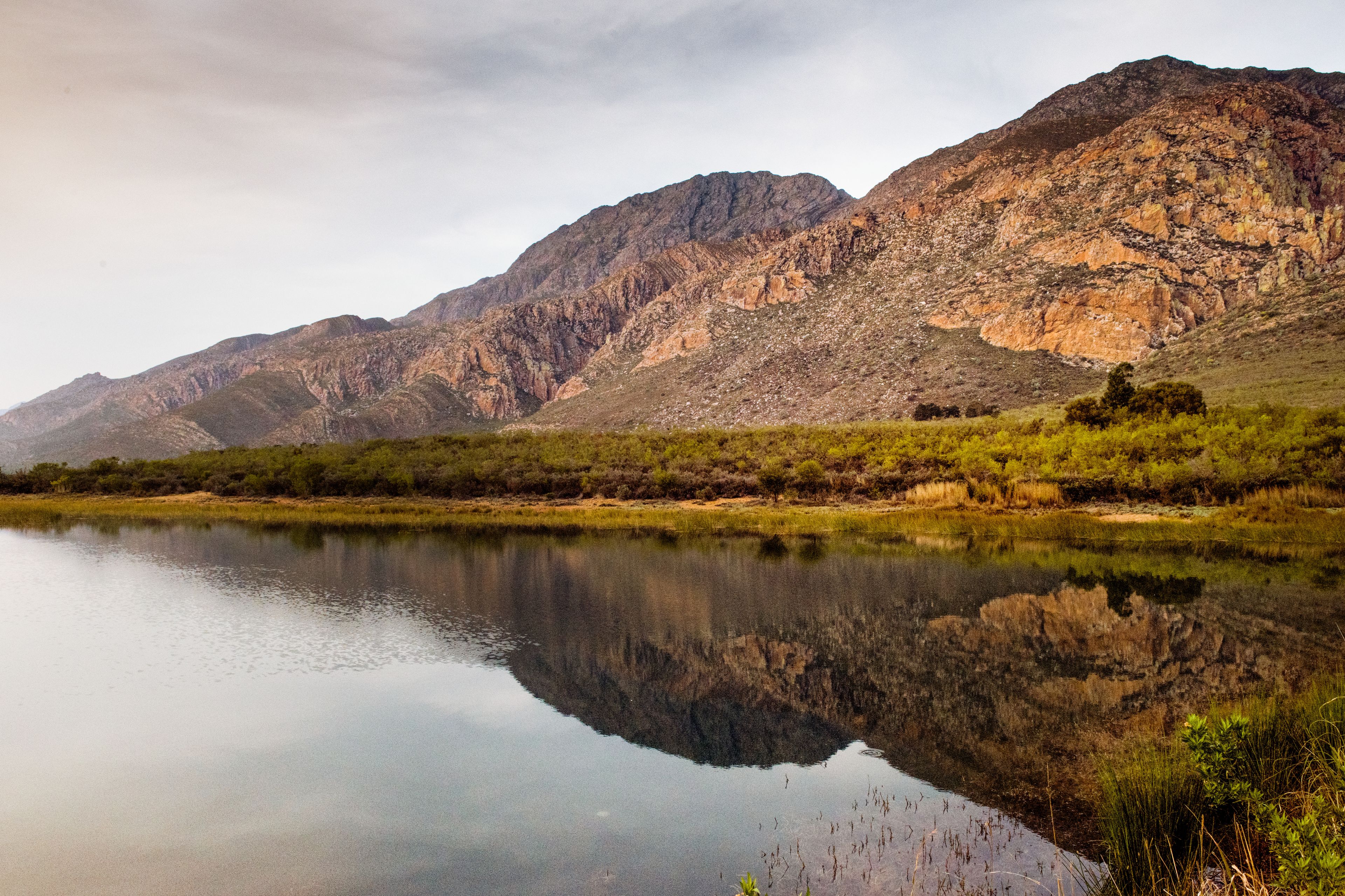 Un lago tranquilo reflejando montañas, rodeado de vegetación escasa.