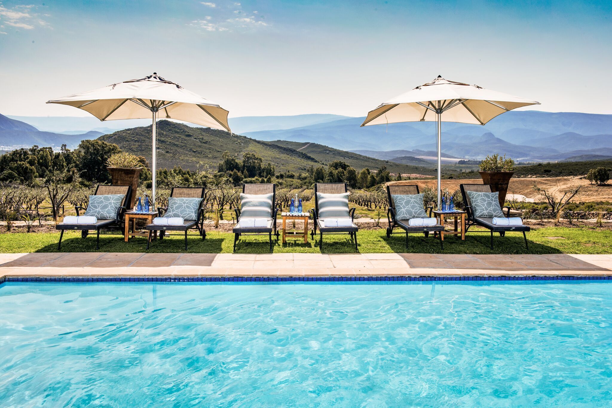 Outdoor pool, pool umbrellas, sun loungers