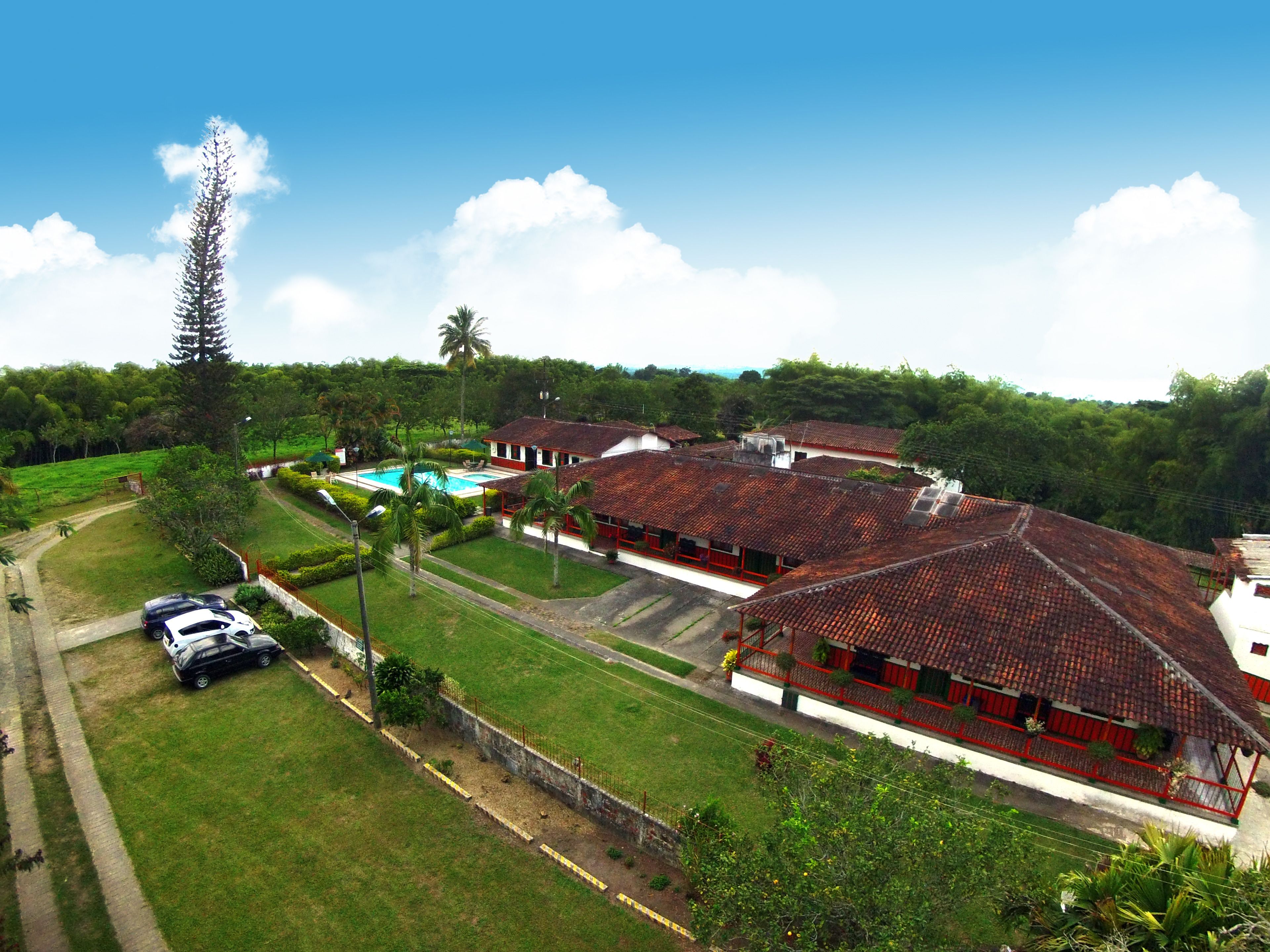 A residential area with multiple red-roofed buildings, a swimming pool, and a tall tree.