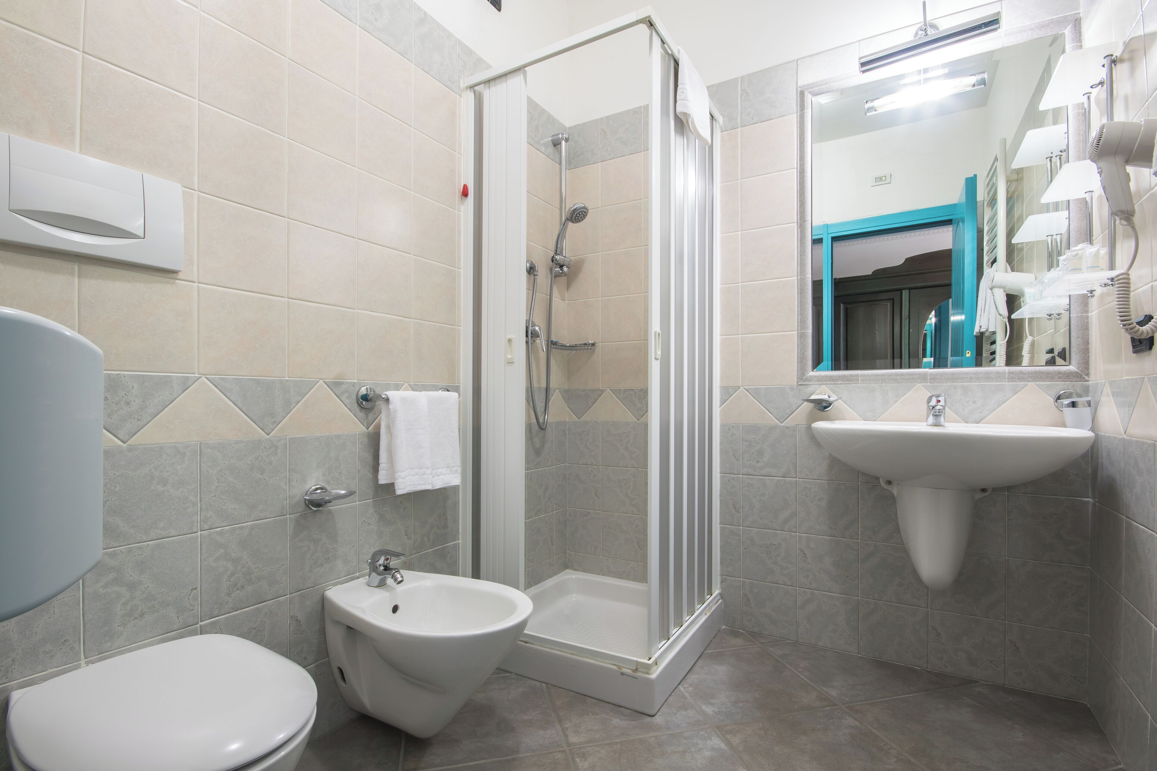 A bathroom with a toilet, bidet, shower, sink, and a mirror.