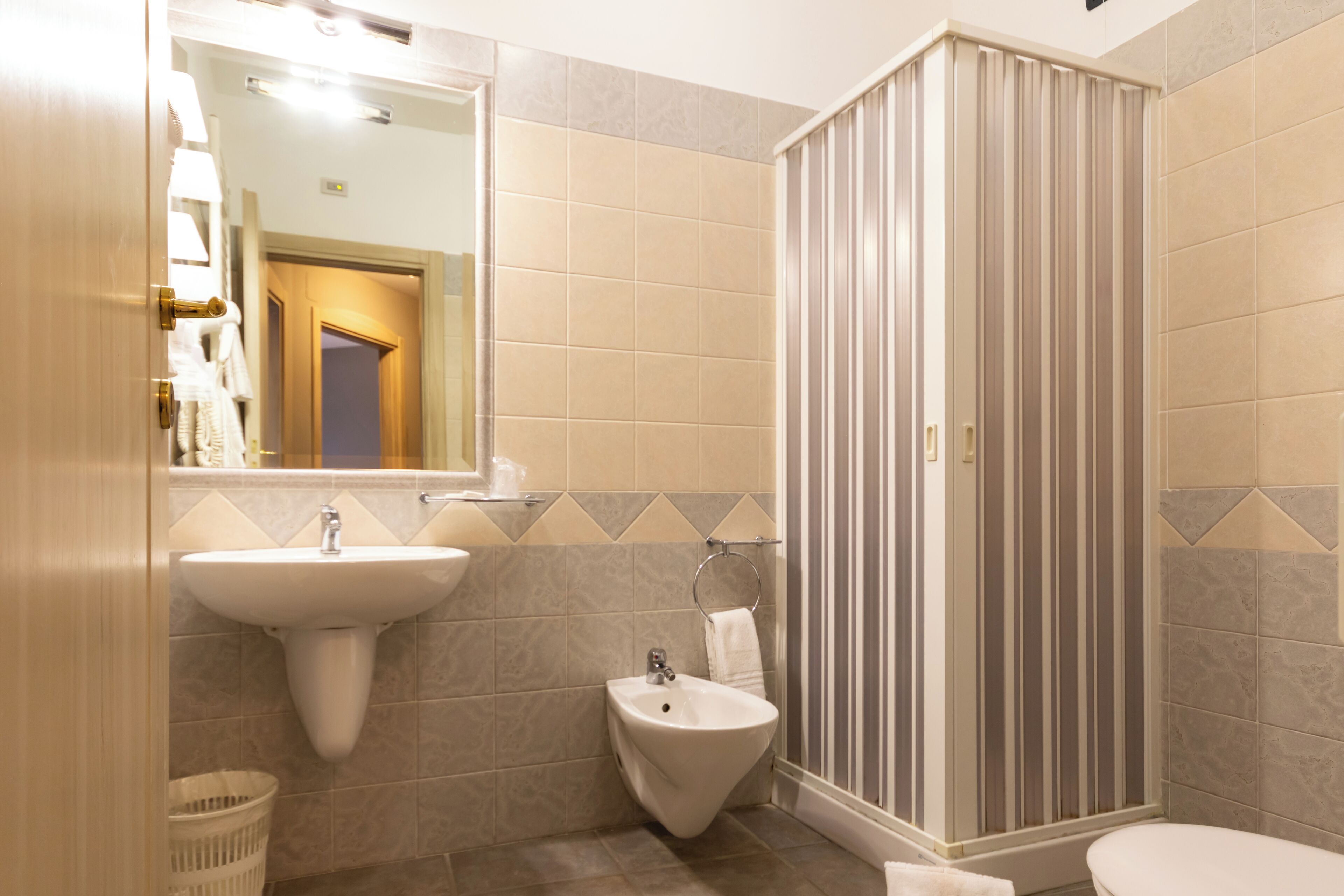 A bathroom with a sink, bidet, and shower.
