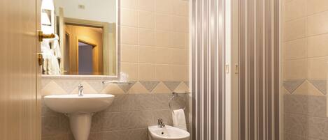 A bathroom with a sink, bidet, and shower.