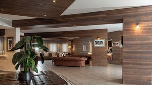 A spacious lobby with a brown leather sofa, a large potted plant, and a wooden accent wall. - Hotel Don Luis (Castel di Sangro)
