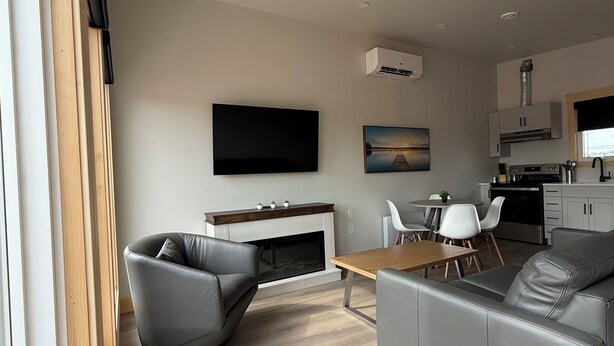 Una sala de estar moderna con chimenea, sofá de cuero gris y comedor con mesa de madera.