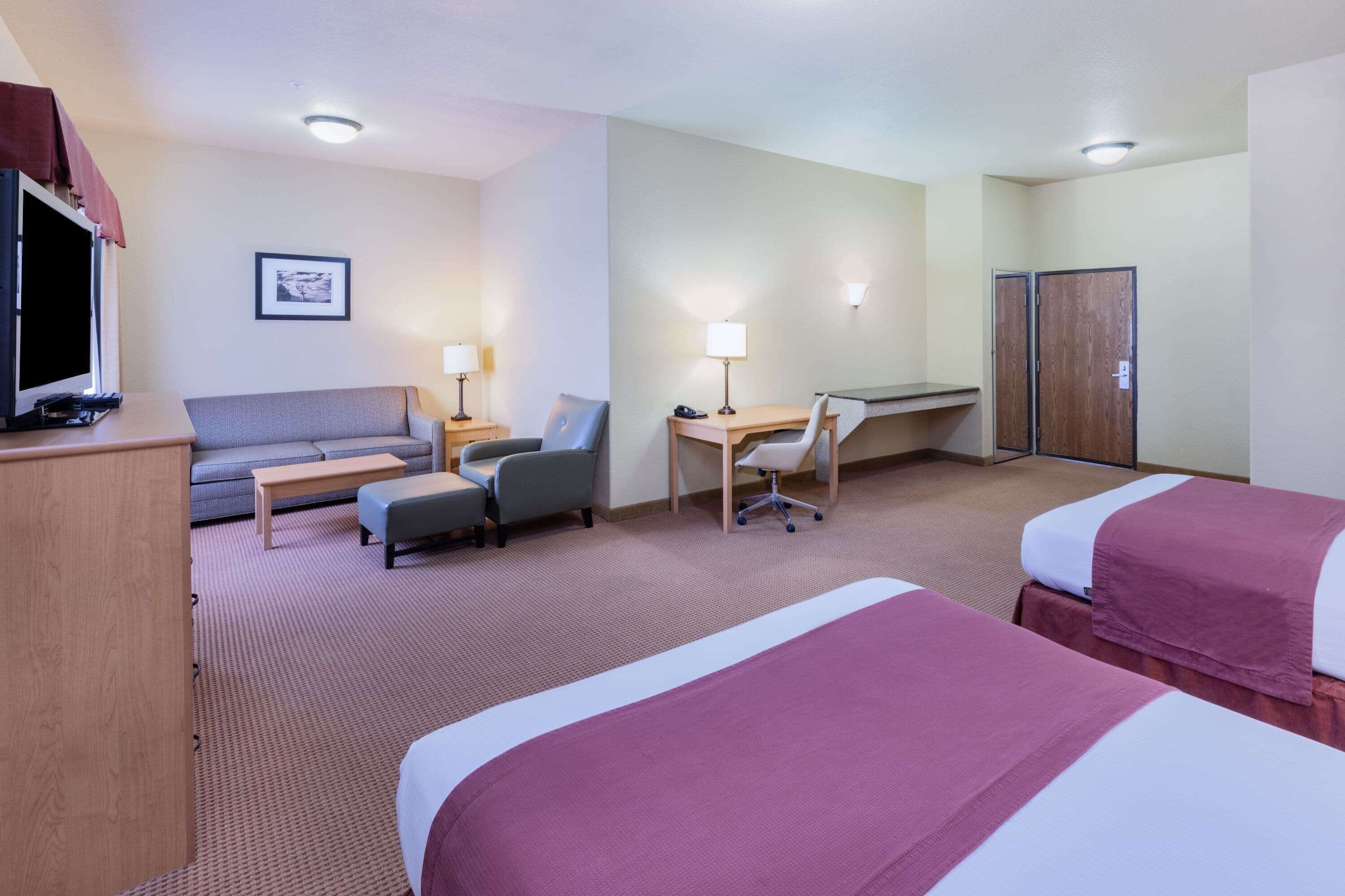 A hotel room with a bed, a desk, a chair, a sofa, and a television.