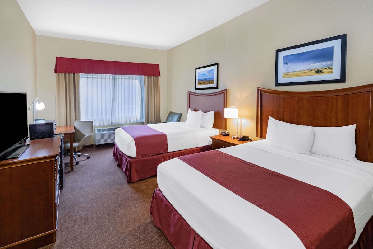 Une chambre d’hôtel avec deux lits, un bureau avec un ordinateur, une chaise et un téléviseur.