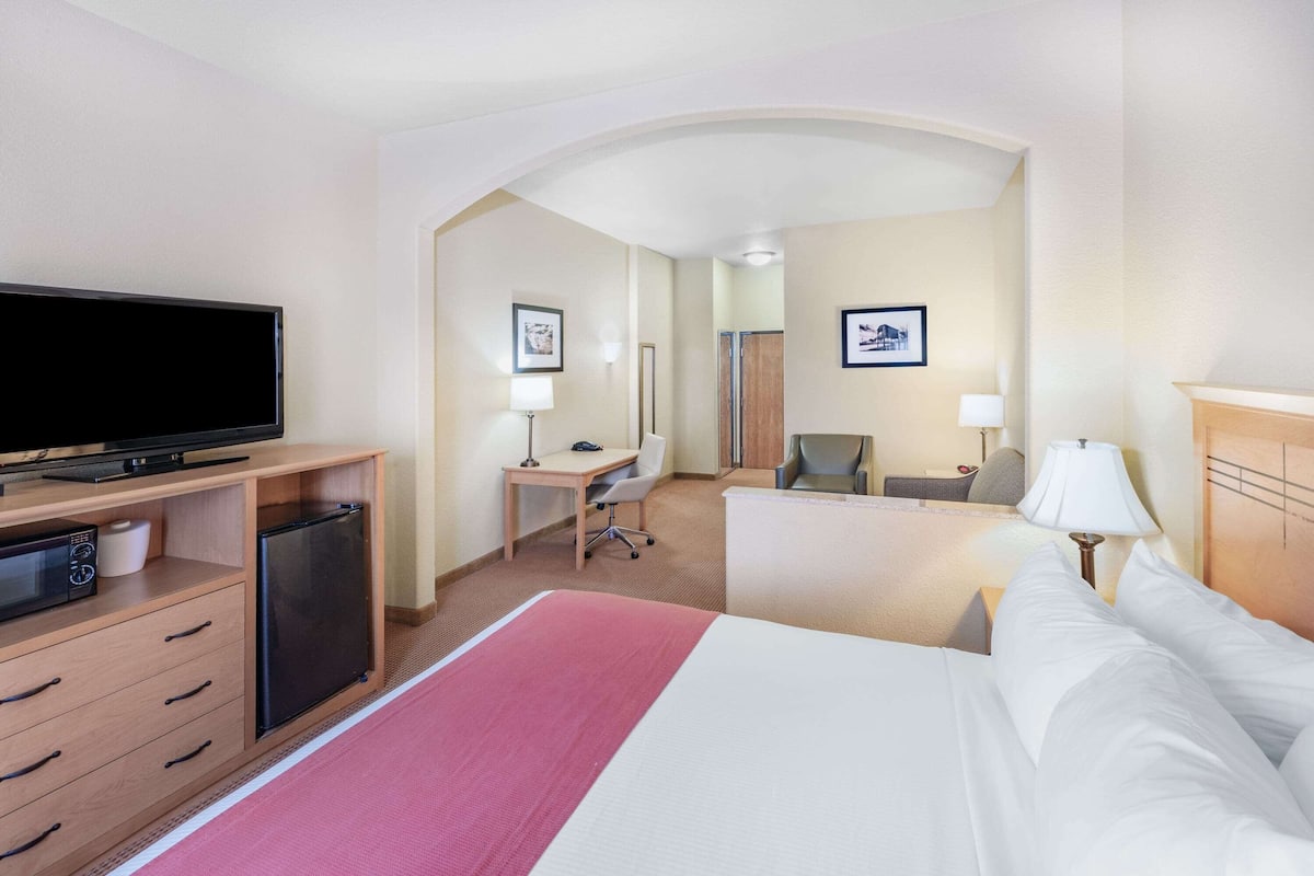 Une chambre d’hôtel équipée d’un lit, d’un bureau, d’une chaise, d’une télévision et d’un réfrigérateur.