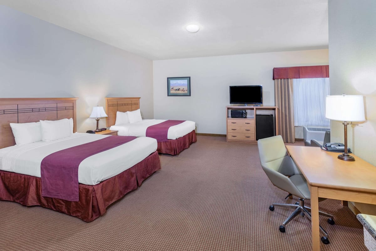 Une chambre d’hôtel avec deux lits, un bureau, une chaise, une télévision et un petit placard.