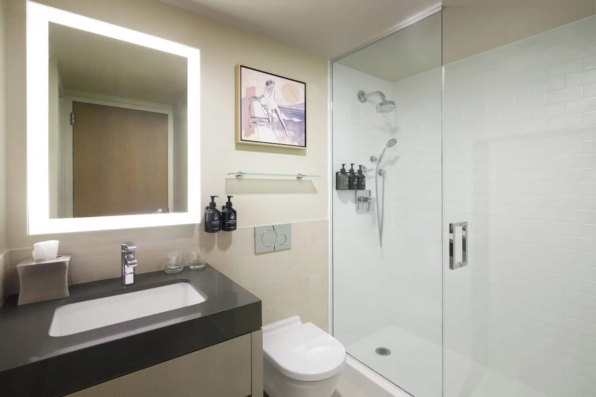 A modern bathroom with a glass shower enclosure, a large mirror, and a sink with toiletries.