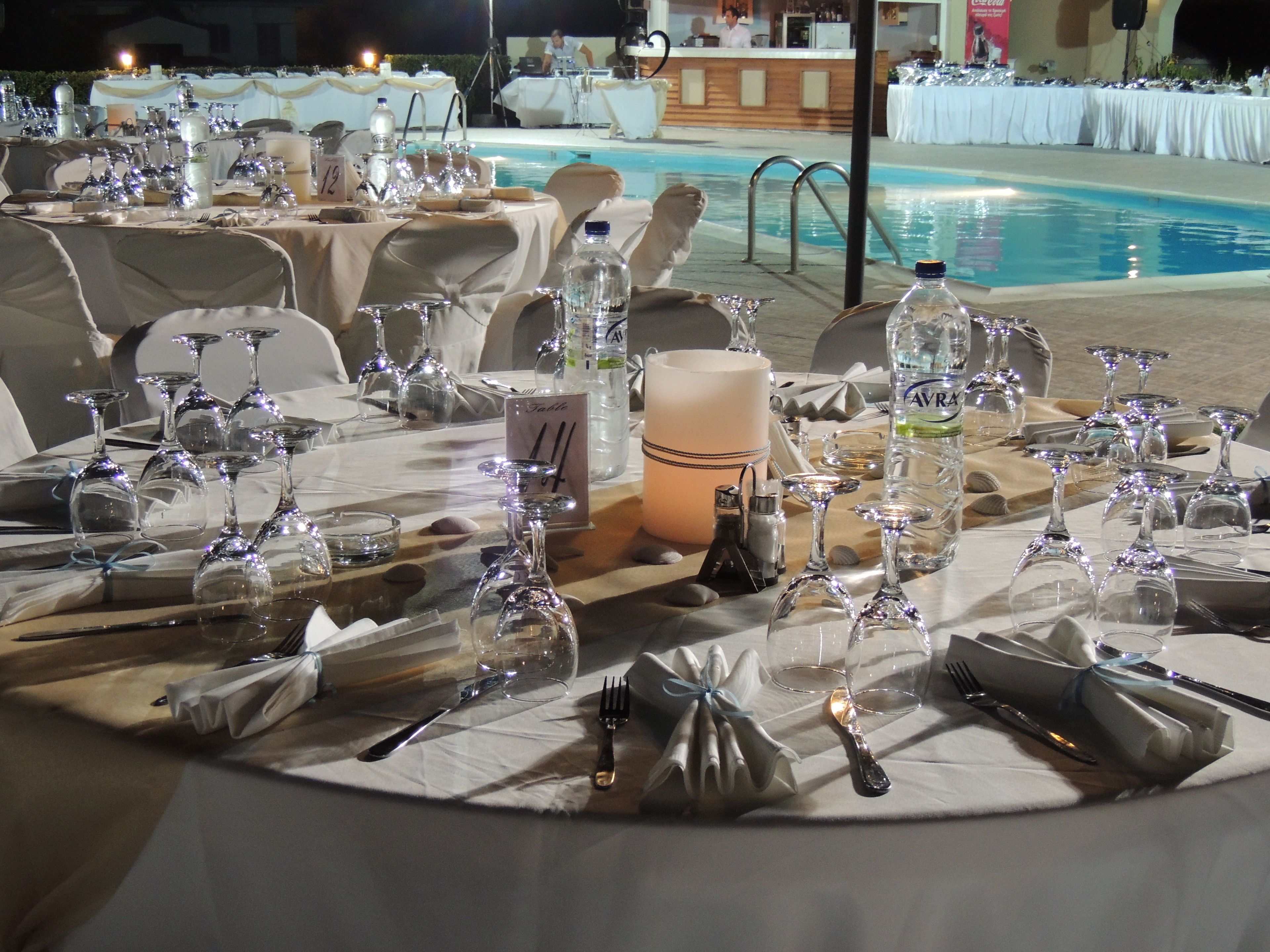 A formal outdoor dining setup with tables, chairs, and a pool in the background.