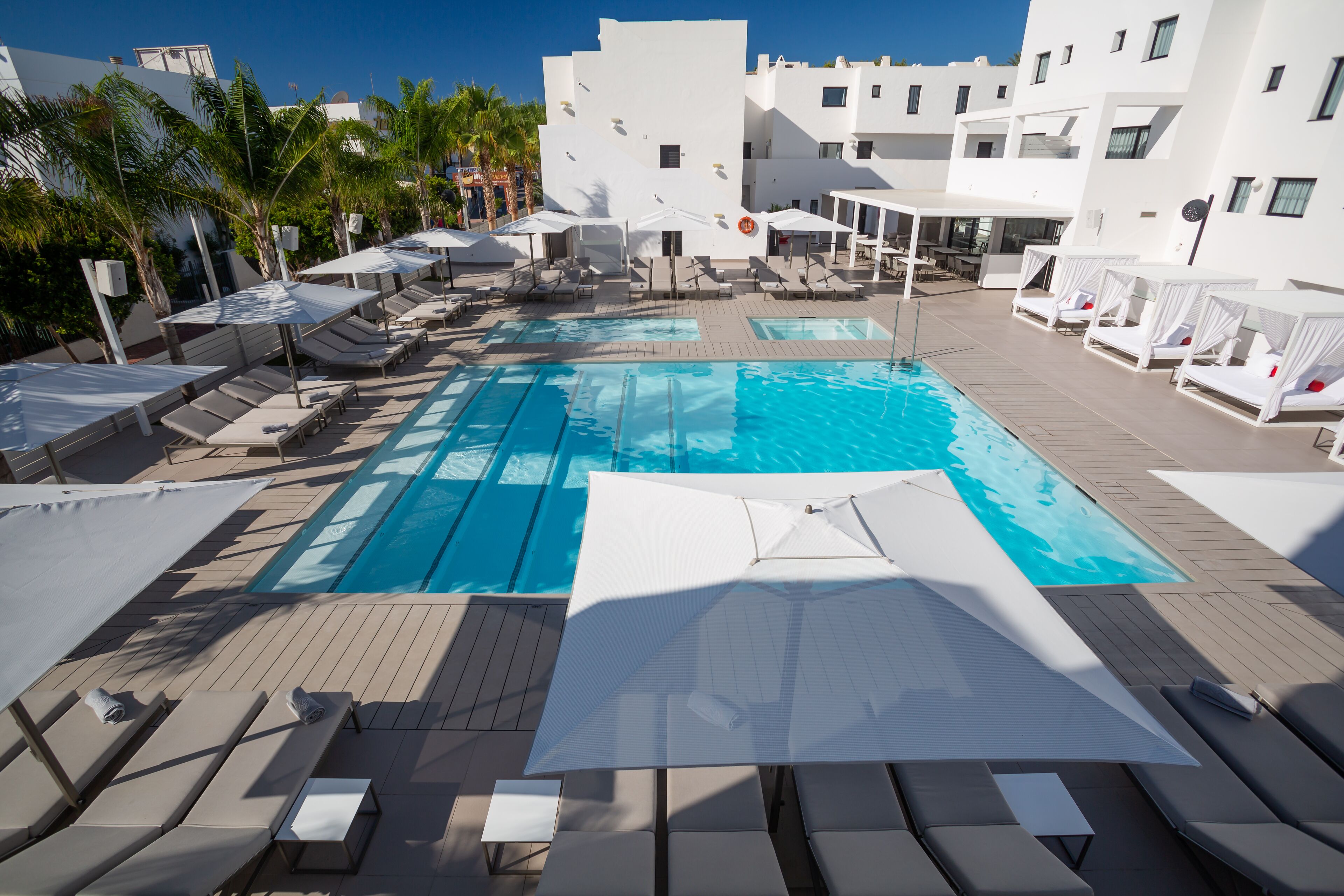 A rooftop pool area with multiple lounge chairs and umbrellas, surrounded by white buildings and palm trees.