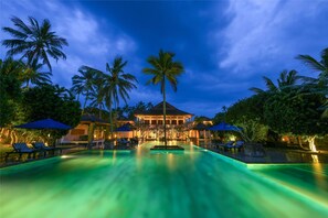 Outdoor pool, pool umbrellas, pool loungers
