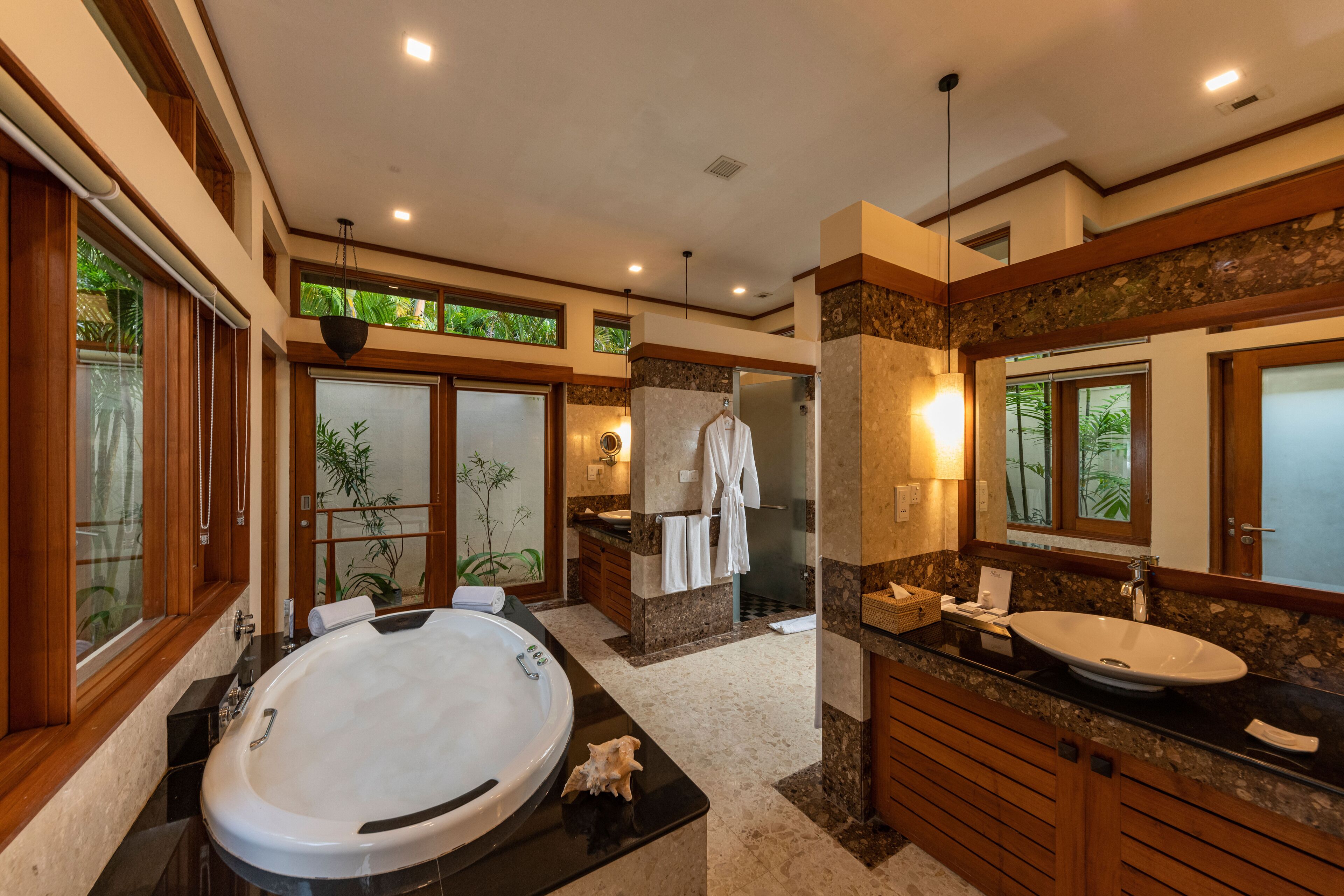 Separate tub and shower, jetted tub, hydromassage showerhead