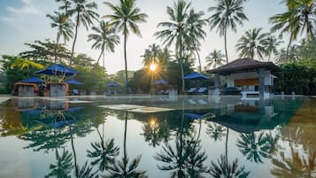 Outdoor pool, pool umbrellas, pool loungers