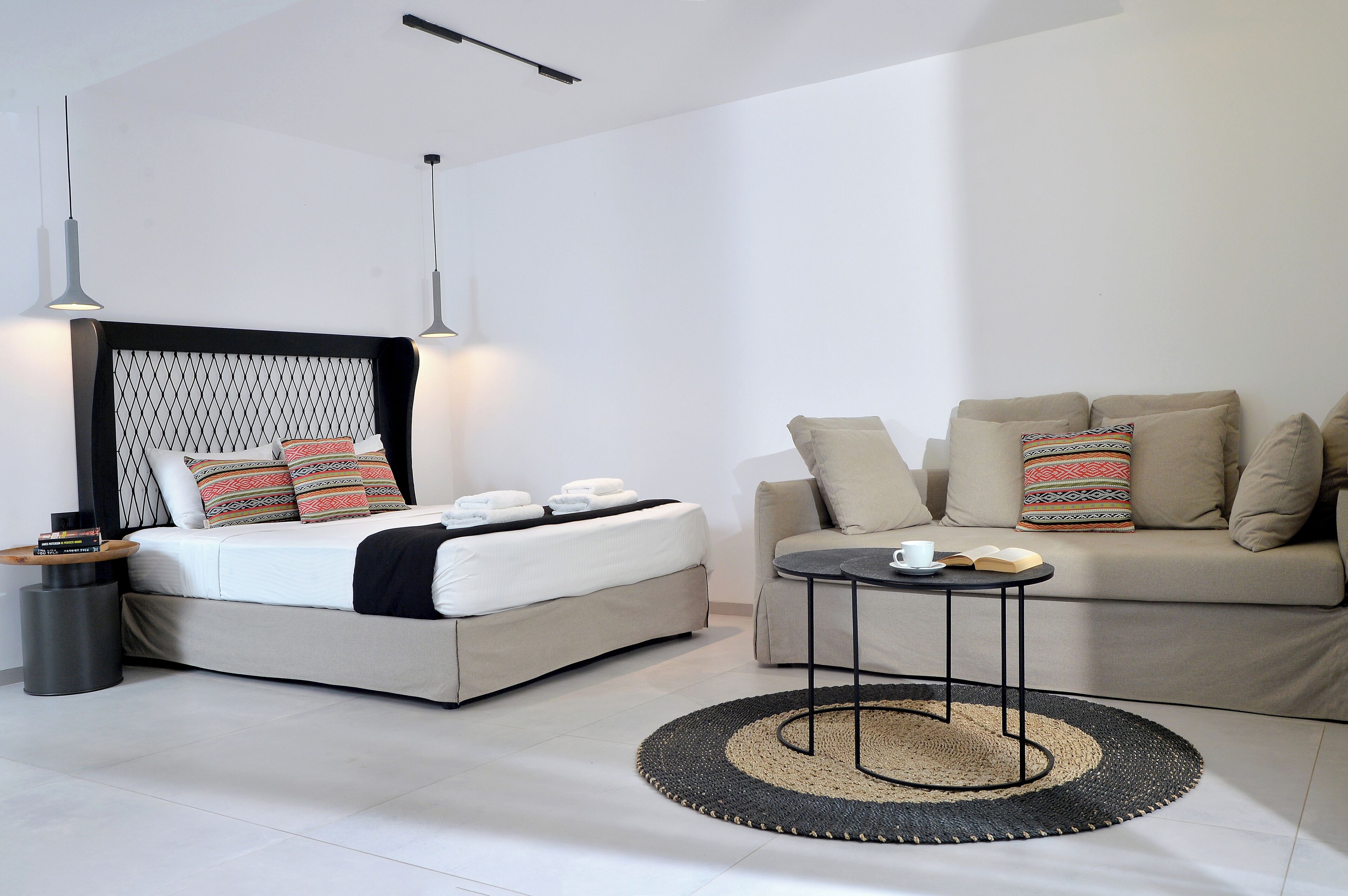 A modern bedroom with a bed, a sofa, a small table, and a round rug.