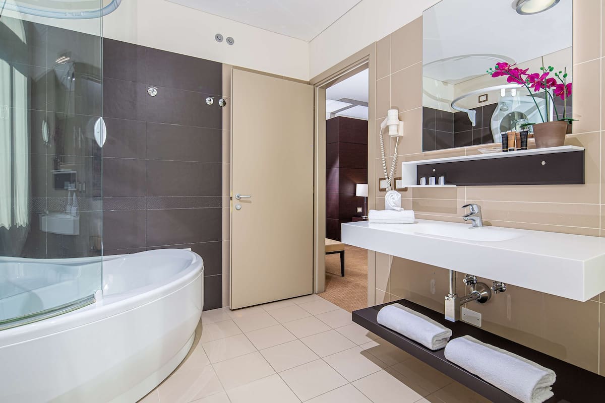 shower, rainfall showerhead, free toiletries, hair dryer