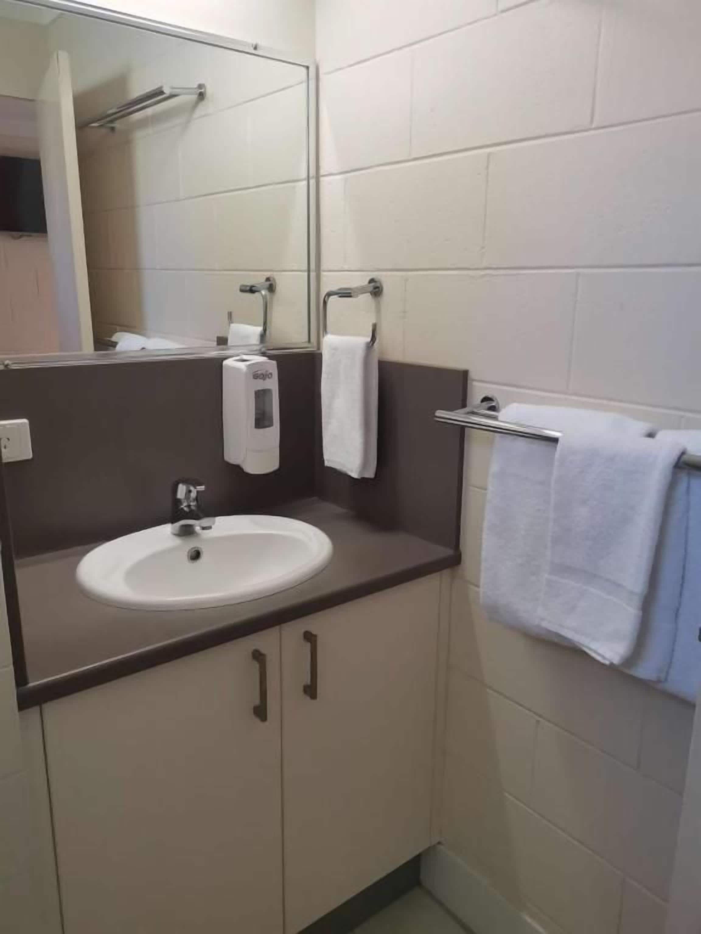 A bathroom with a sink, mirror, towel rack, and soap dispenser.