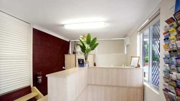 A hotel reception area with a wooden reception desk, a potted plant, and a window with a view of the outside.