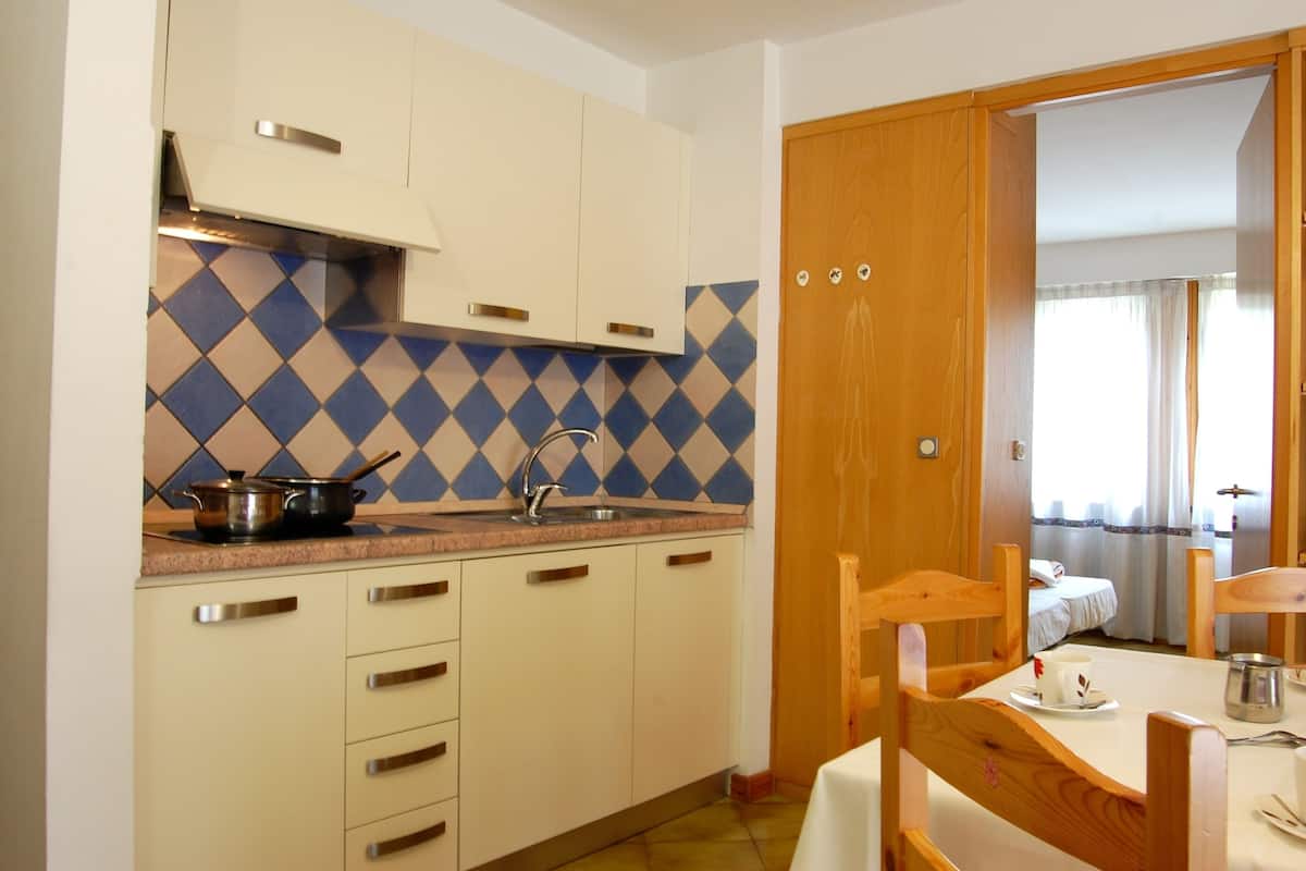 Full-sized fridge, oven, stovetop, coffee/tea maker