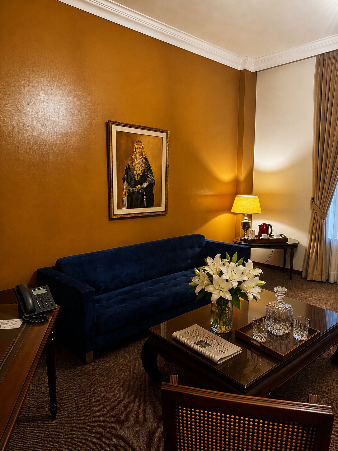 A hotel room with a blue sofa, a framed painting, a desk with a telephone, a lamp, and a vase with flowers.
