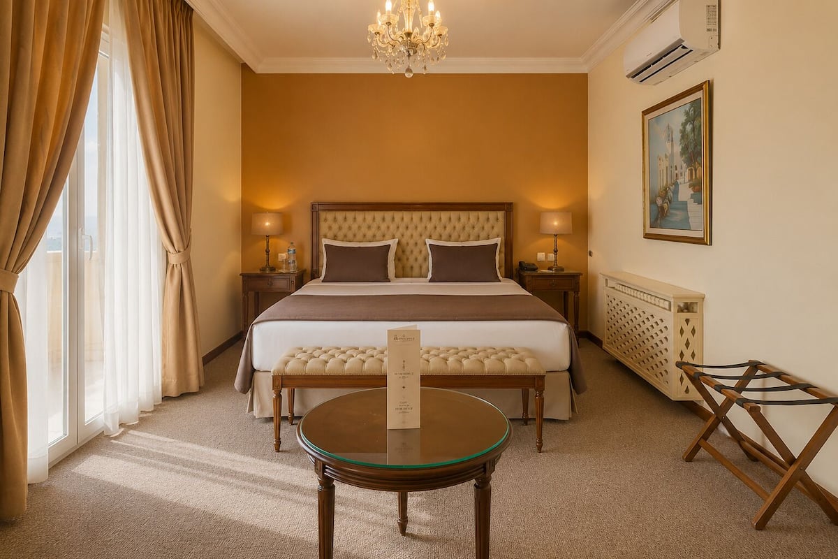 Una habitación de hotel con una cama grande, dos lámparas de noche, un candelabro, un radiador, un cuadro y una mesa con un menú.