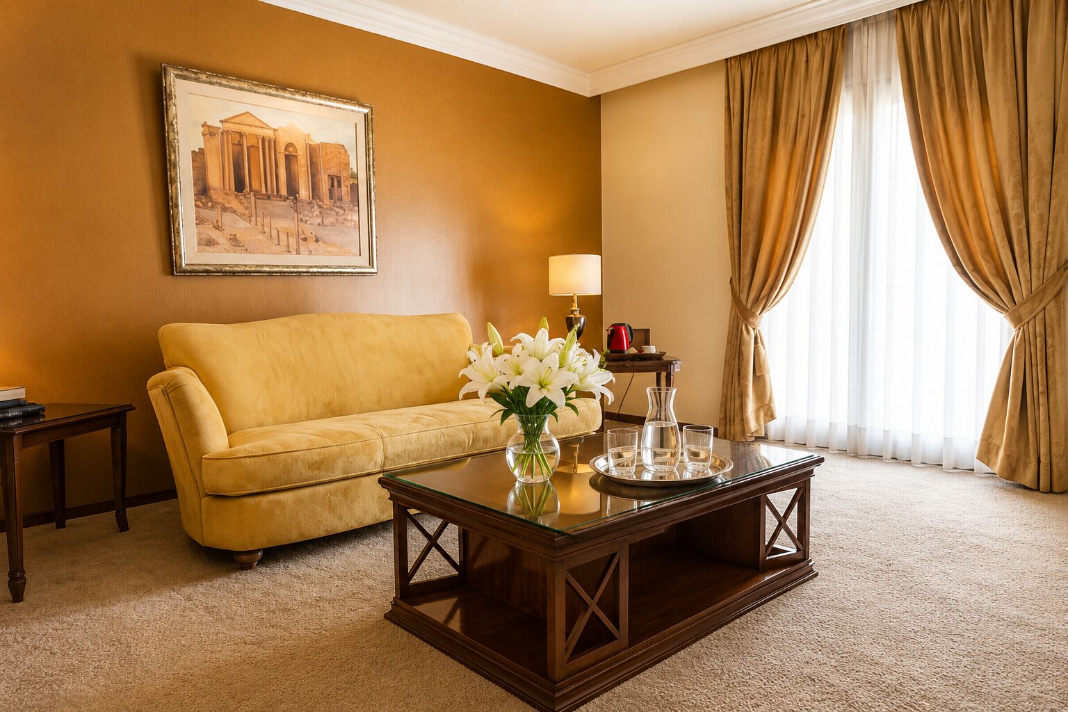 Une chambre d’hôtel avec un canapé jaune, une table basse sur laquelle se trouve un vase de fleurs, une lampe et un tableau représentant des ruines antiques accroché au mur.