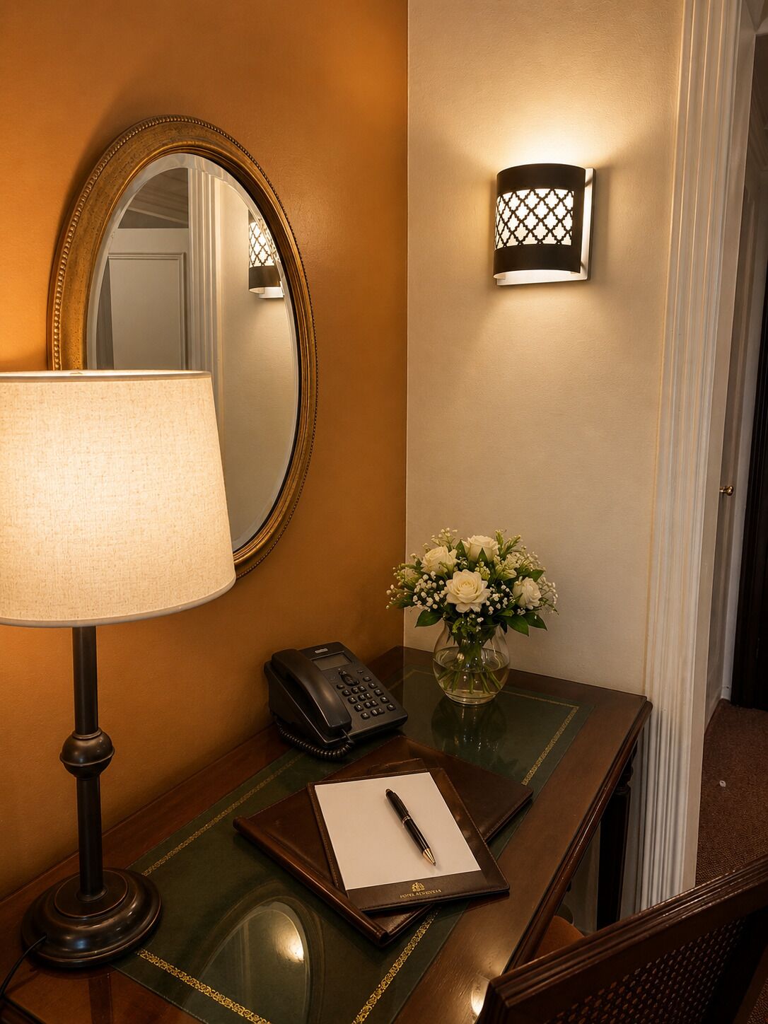 A hotel reception desk with a lamp, a telephone, a vase with flowers, and a mirror.