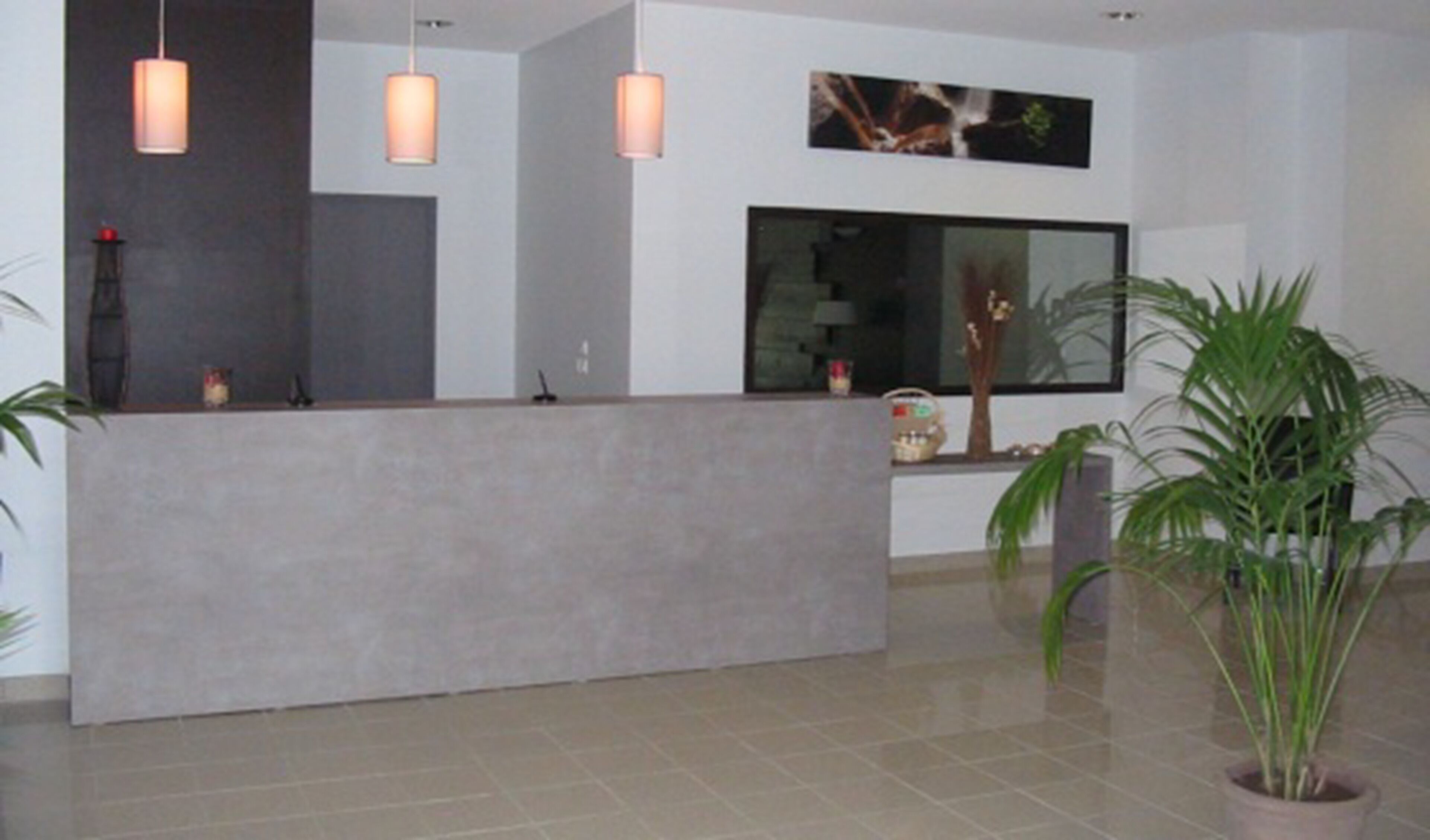Una zona de recepció amb un taulell de recepció gris, tres llums penjants, un gran finestral i una planta en test.