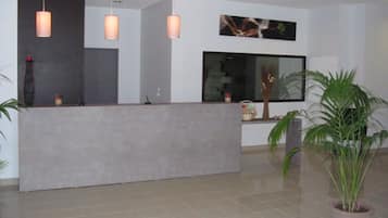 Una zona de recepció amb un taulell de recepció gris, tres llums penjants, un gran finestral i una planta en test.