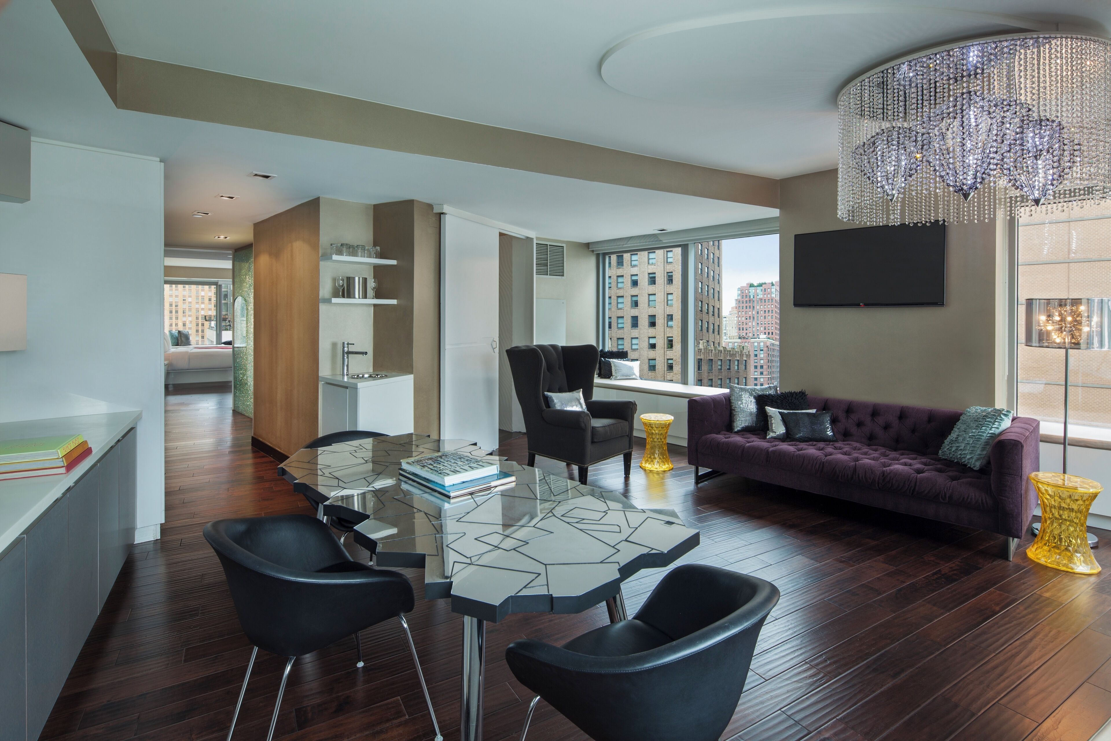 1 King Bed 1-Bedroom Suite Deluxe Room with City View | Living area | 49-inch flat-screen TV with cable channels, TV, first-run movies