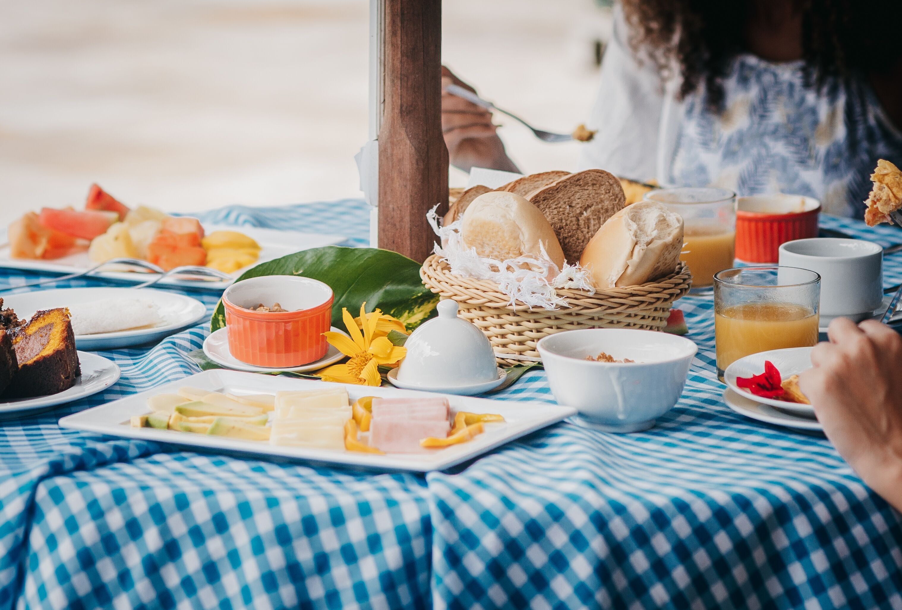 Un pique-nique avec divers aliments et une nappe à carreaux.