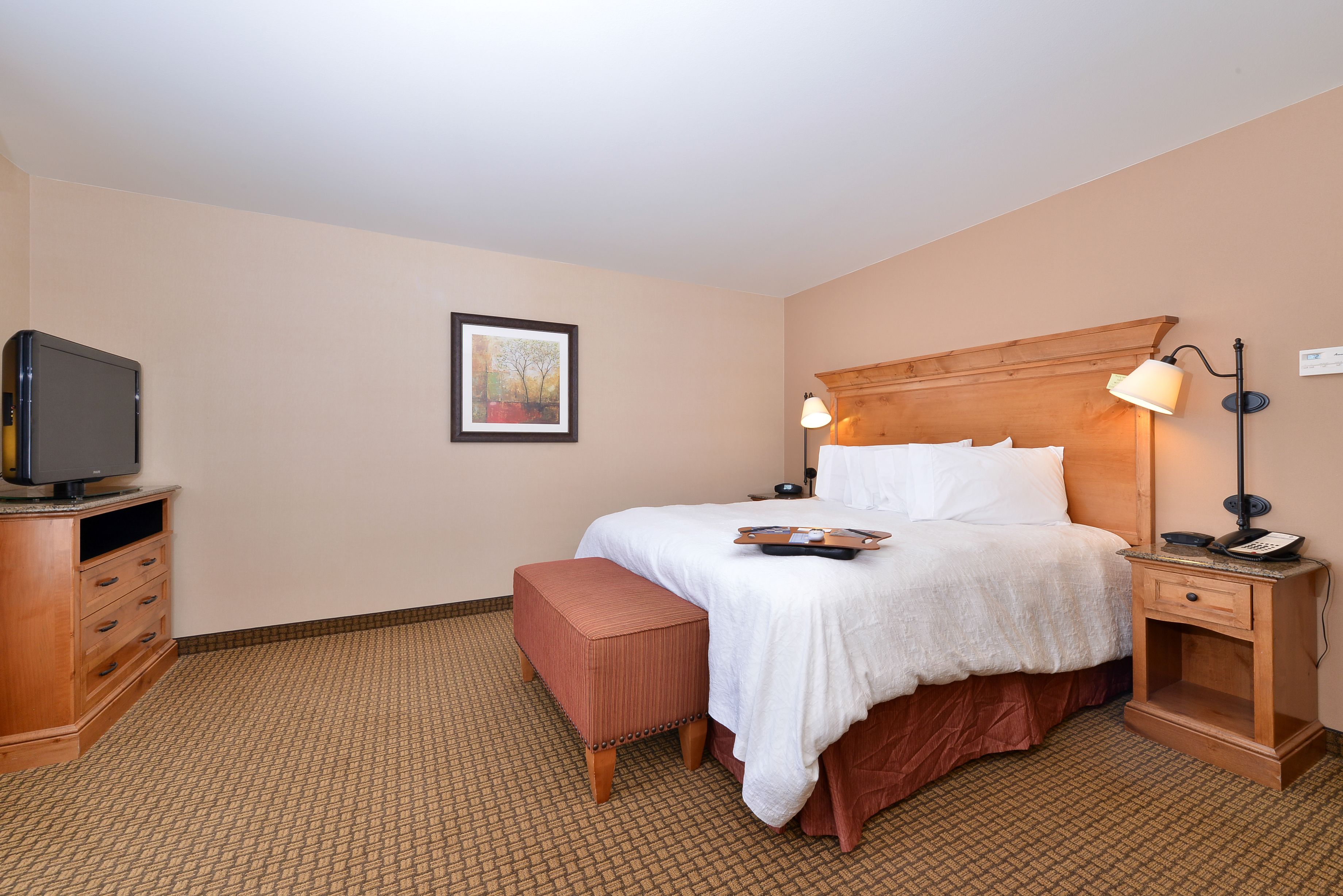 A hotel room with a bed, bedside table, lamp, and a television on a dresser.