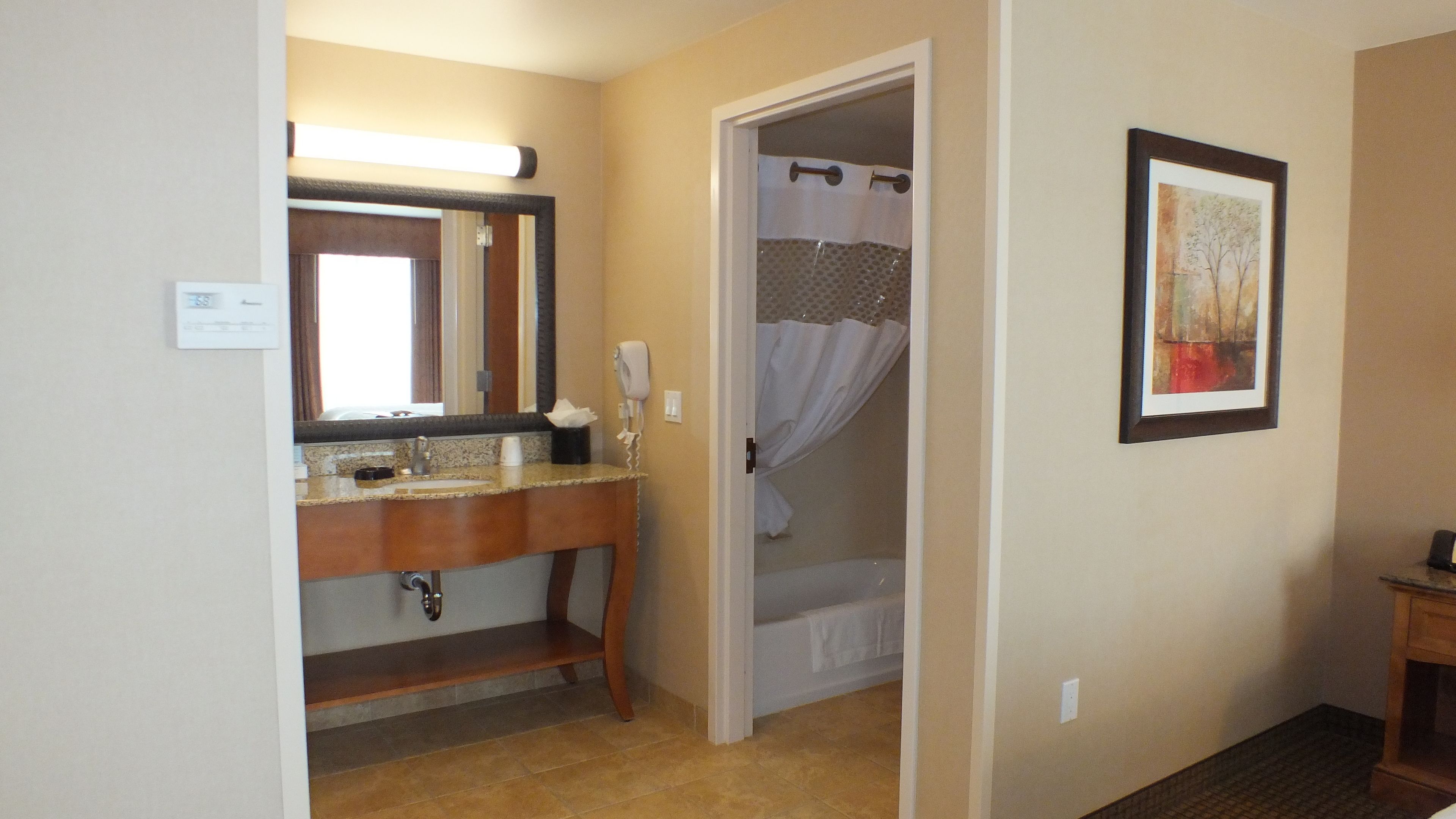 A hotel bathroom with a sink, mirror, and shower curtain.