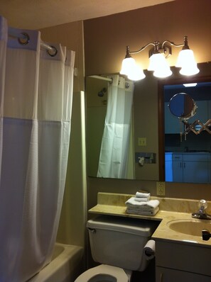 Combined shower/tub, free toiletries, hair dryer, towels