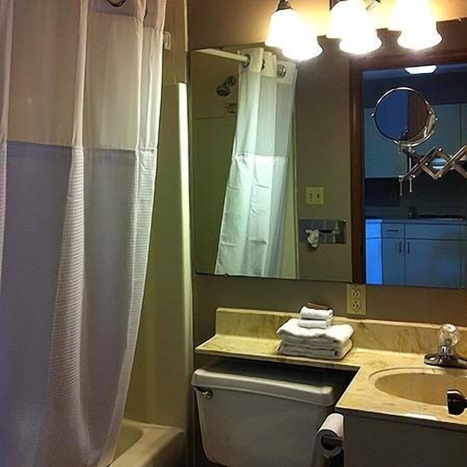 Ein Badezimmer mit Toilette, Waschbecken und Spiegel.