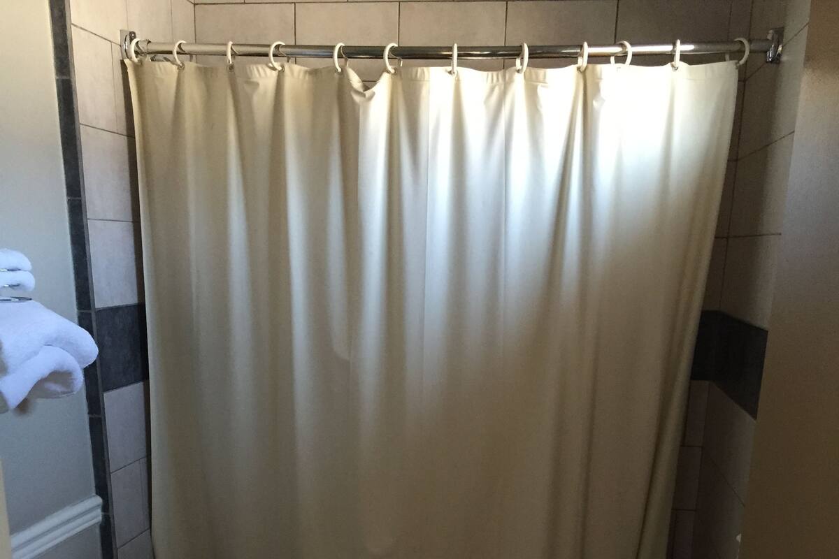 A bathroom with a toilet, bathtub, and shower curtain.
