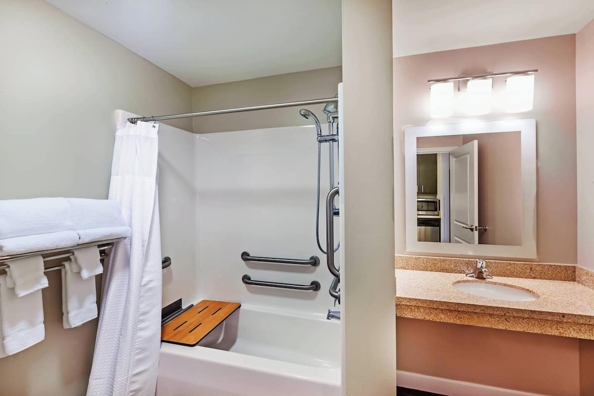 Une salle de bain avec une baignoire, une douche, un meuble-lavabo et un miroir.