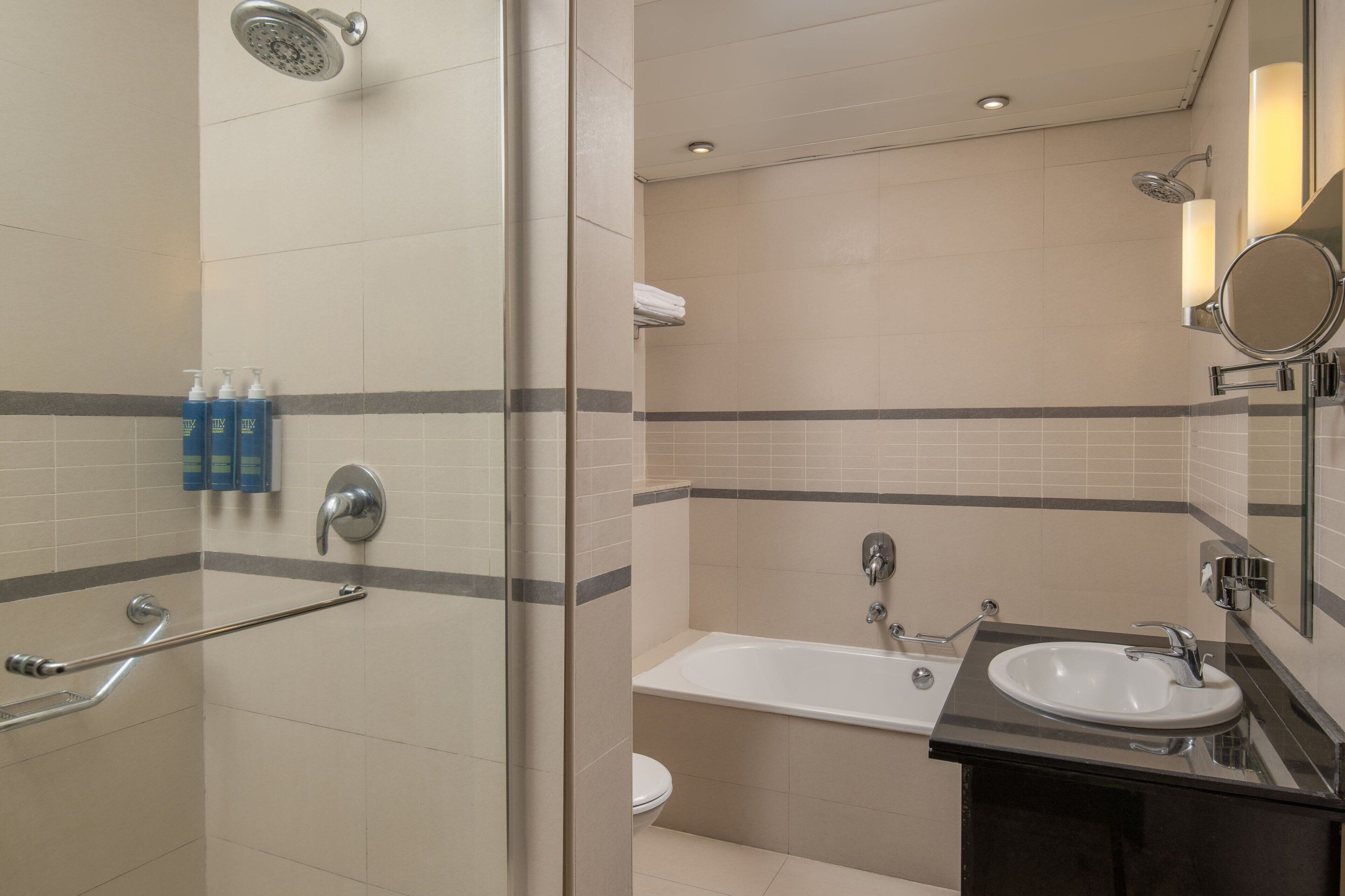 A modern bathroom with a shower, toilet, and sink.