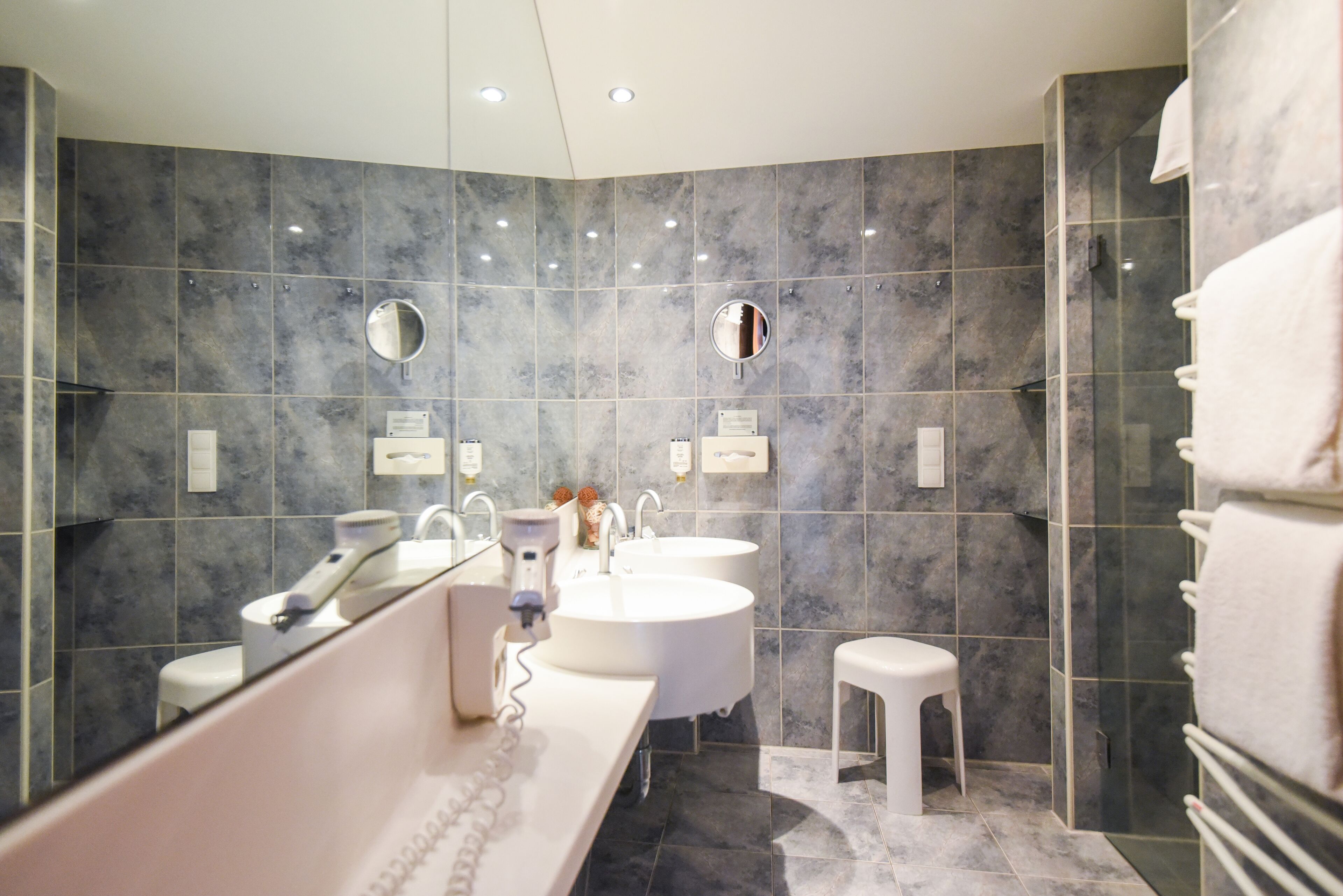 family room | bathroom | free toiletries, hair dryer, bathrobes, towels