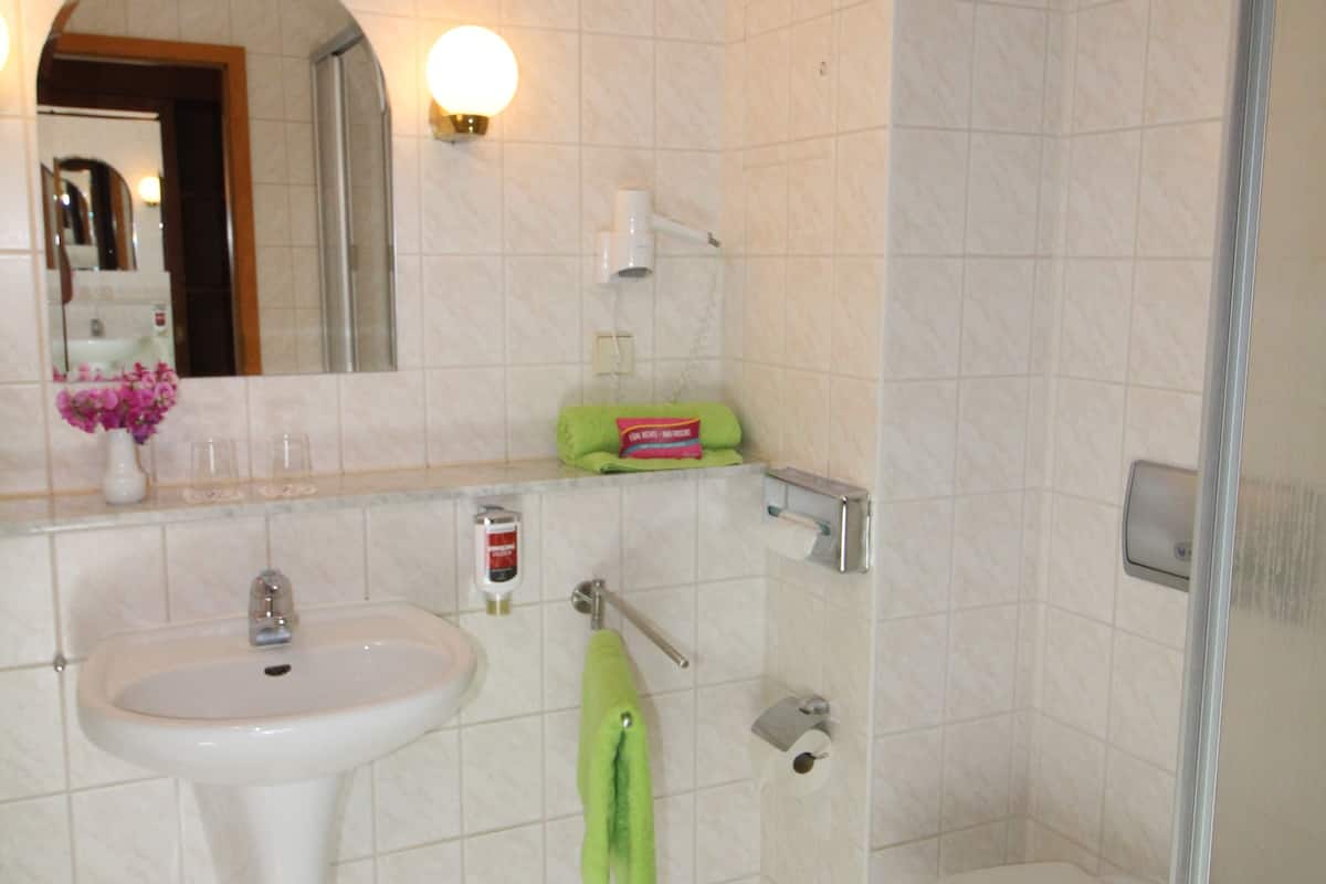 standard double room | bathroom | shower, hair dryer, towels