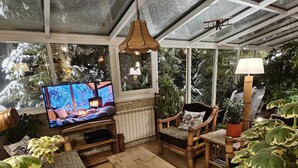 En mysig inbyggd uteplats med en tv, trämöbler och krukväxter.