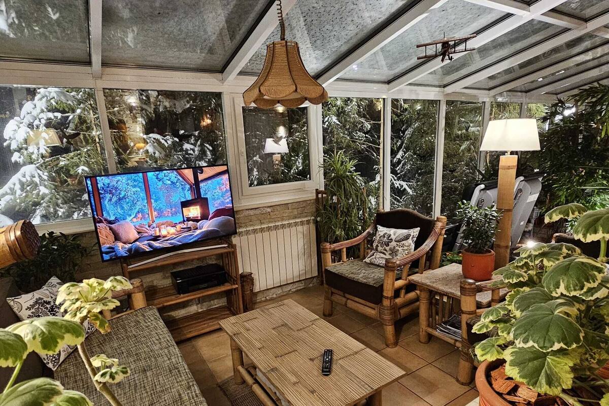 Ein gemütlicher Innenhof mit Fernseher, Holzmöbeln und Topfpflanzen.