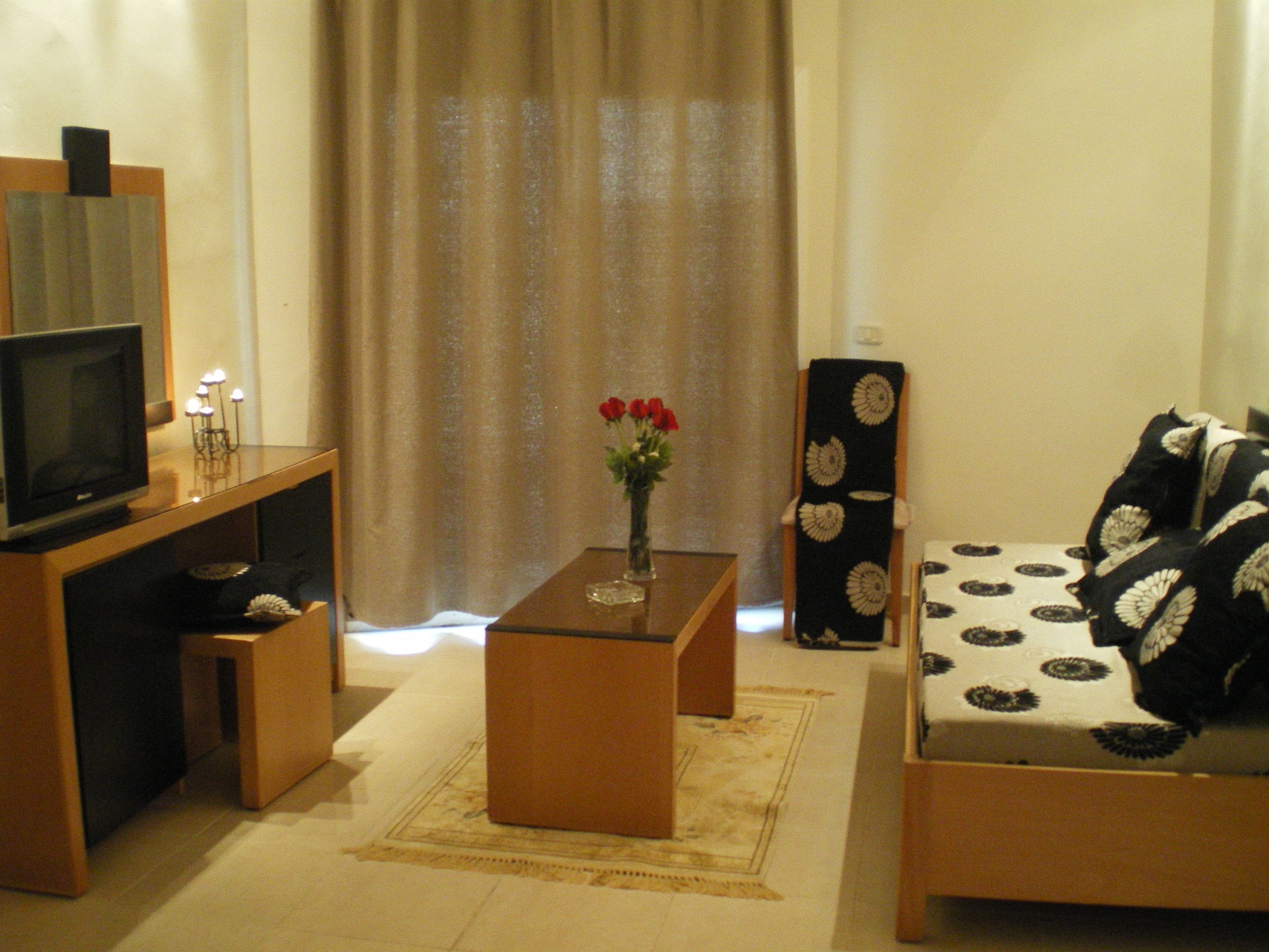 Uma sala de estar com televisão, uma mesinha com um vaso de flores, um sofá com capa estampada e um alto-falante decorativo.