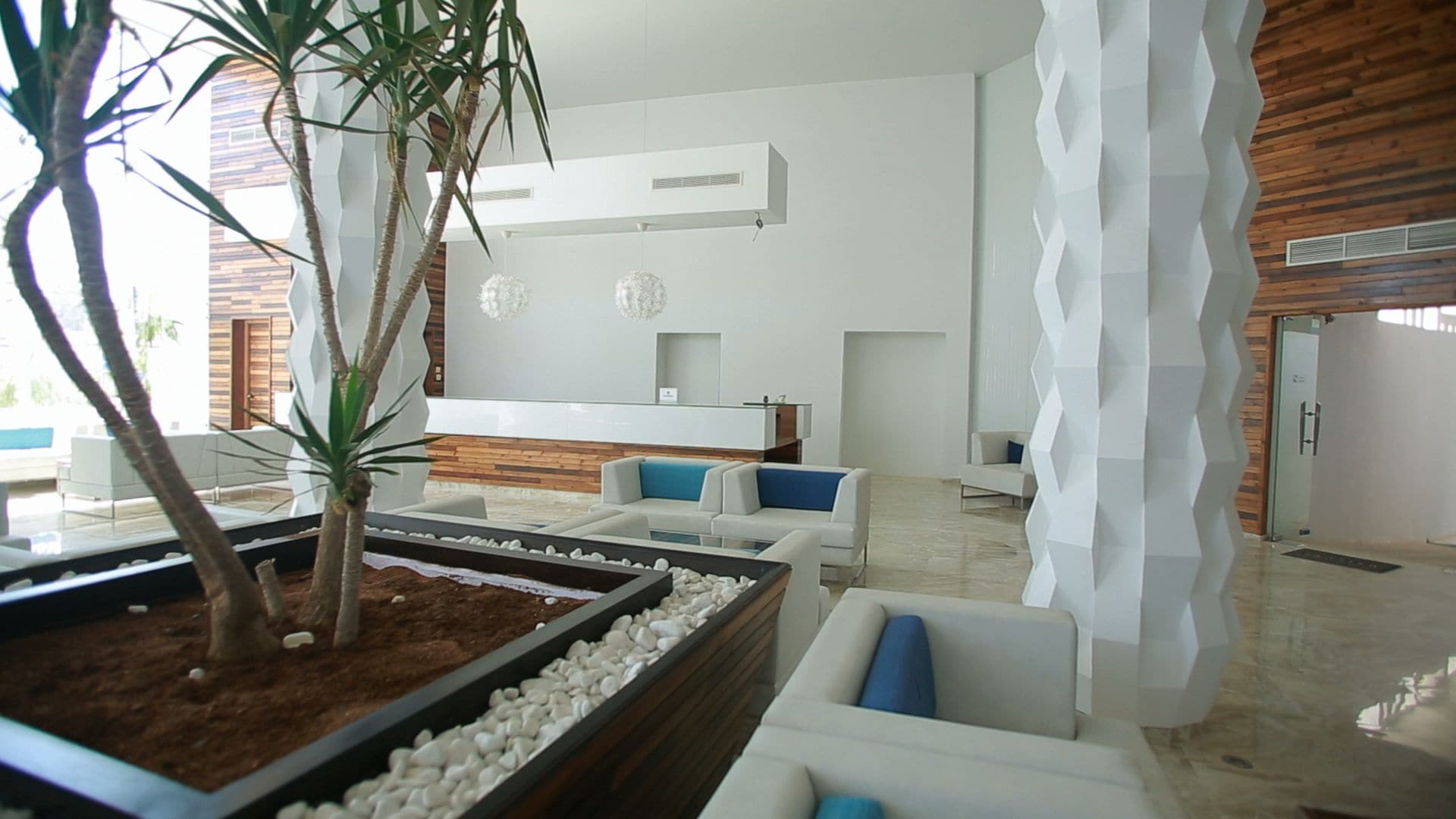 A modern lobby with a reception desk, white sofas, a coffee table, and a decorative plant.
