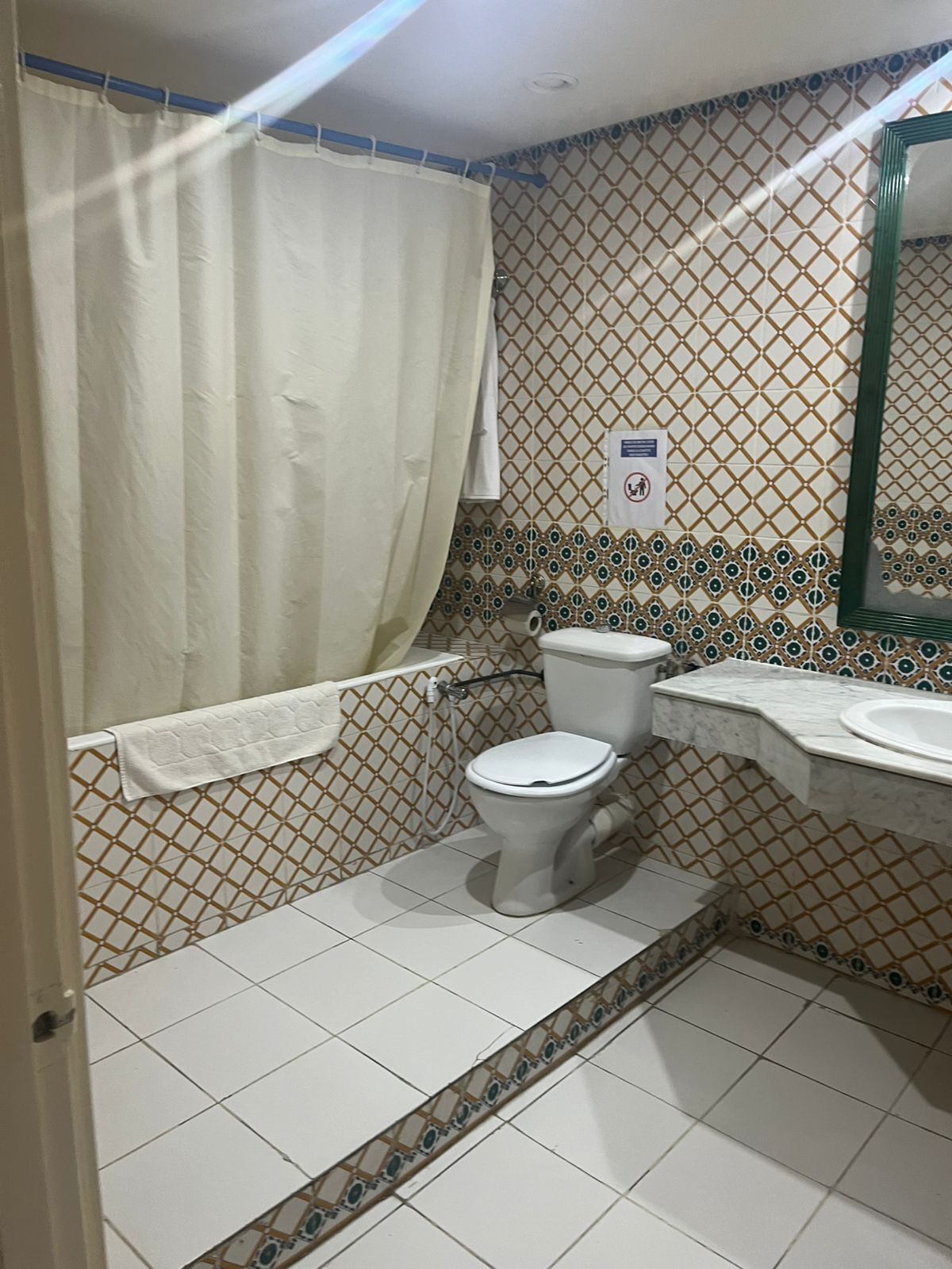 A bathroom with a toilet, sink, and shower curtain.